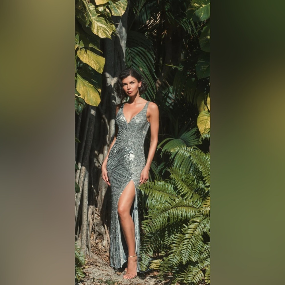 Silver Beaded Floral Sleeveless Gown - Picture 3 of 17